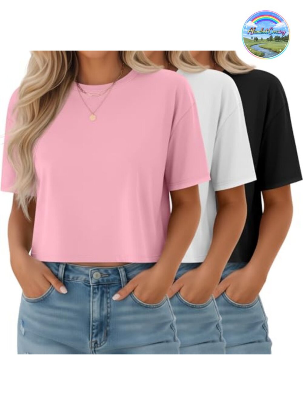 3 Pack Women's Half Sleeve Crop Tops Crew Neck Drop Shoulder Tee Shirts